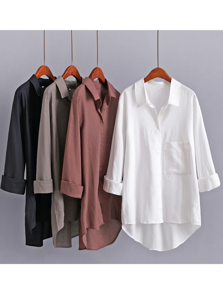 Minibee Women's Casual Cotton Linen Blouse Plus Size High Low Shirt Long Sleeve Tops Coffee - Image 3